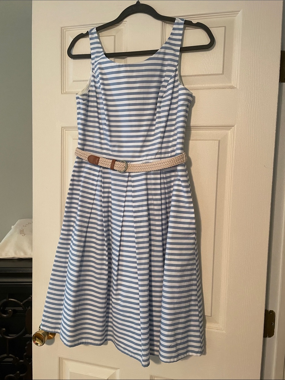 Striped Blue and White Sleeveless women’s Dress with Braided Belt